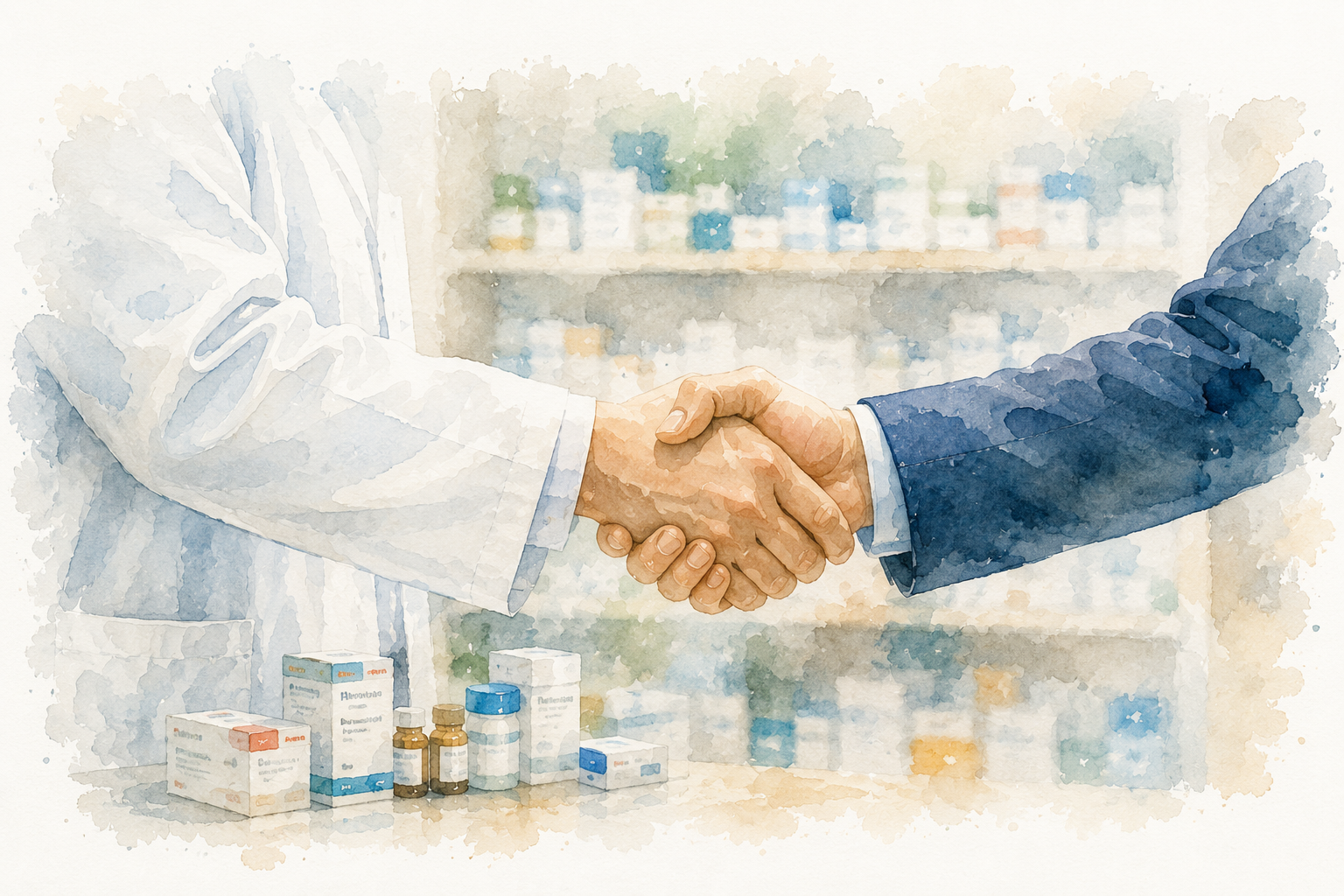 Two healthcare professionals shaking hands over medical supplies